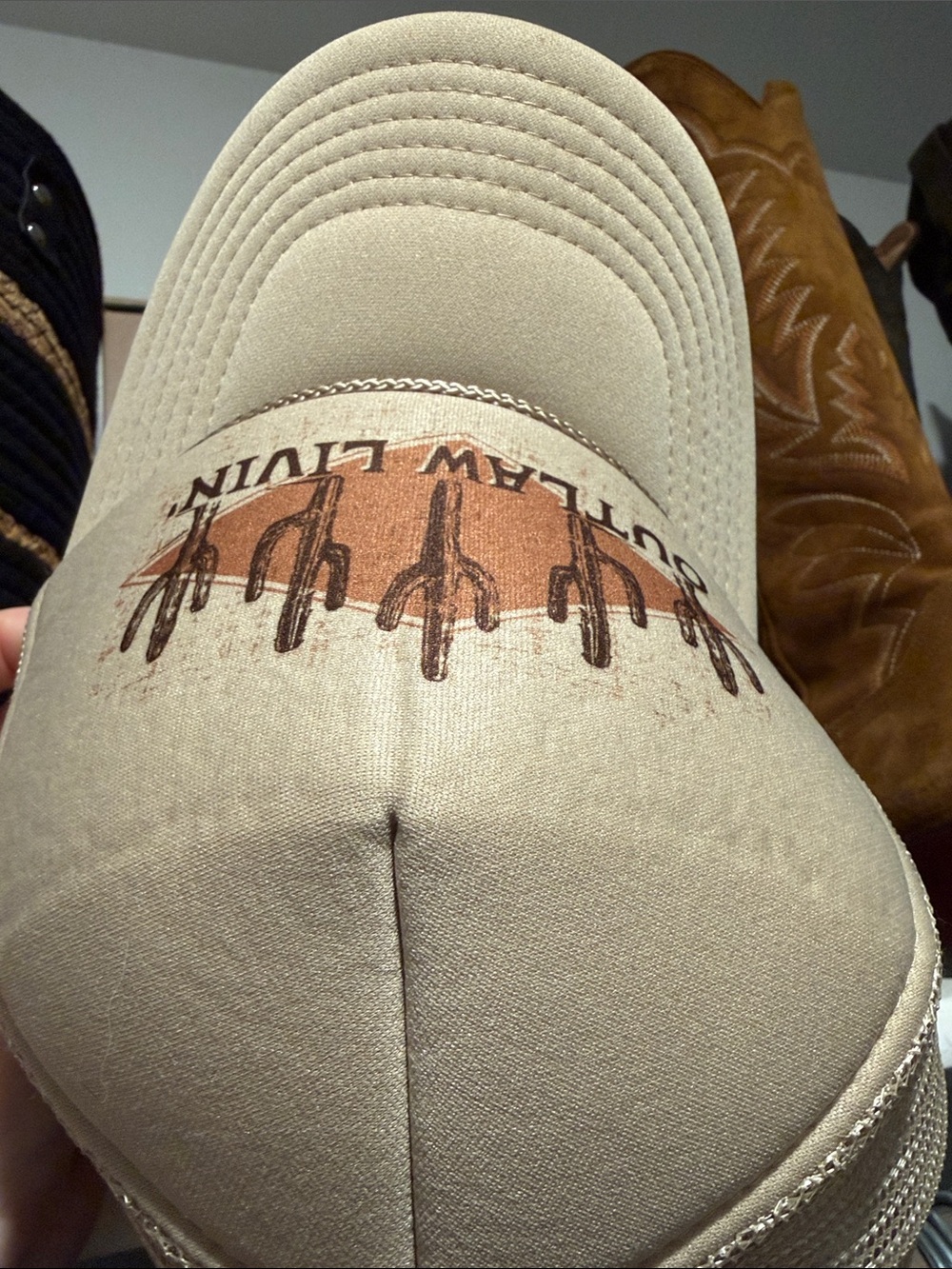 OTTO Outlaw Livin’ Beige Trucker Cap with Country Western Desert Cactus Graphic - Picture 8 of 10